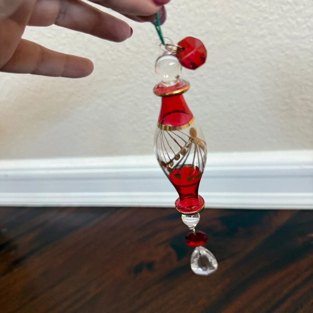 Set‎ of 3 Vintage Hand Blown Glass Ornaments Red Gold Teardrop Drop 10